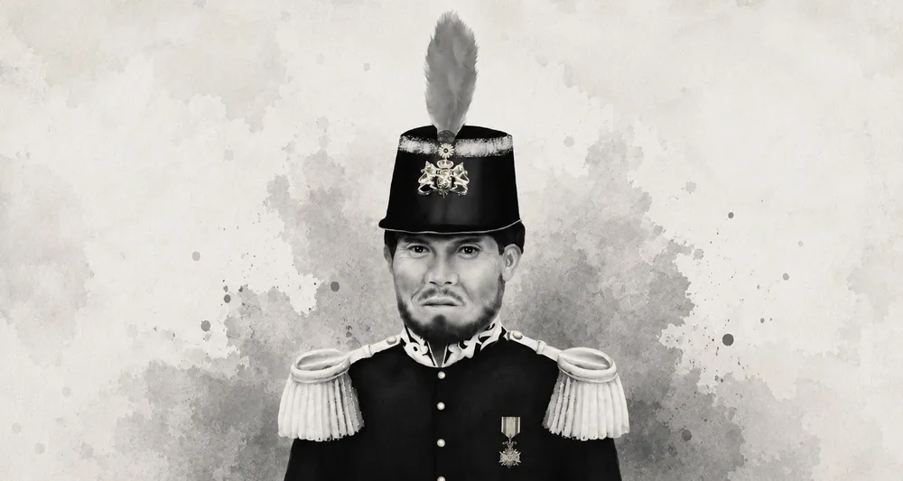 Rekonstruksi modern sosok Benjamin Thomas Sigar dengan seragam perwira kolonial abad kesembilan belas.