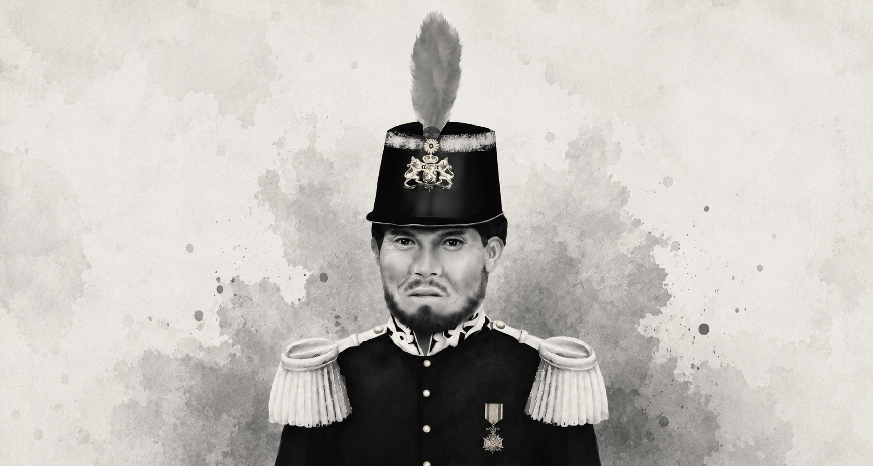 Rekonstruksi modern sosok Benjamin Thomas Sigar dalam seragam perwira abad ke-19 dengan topi shako berbulu dan tanda jasa di dada.