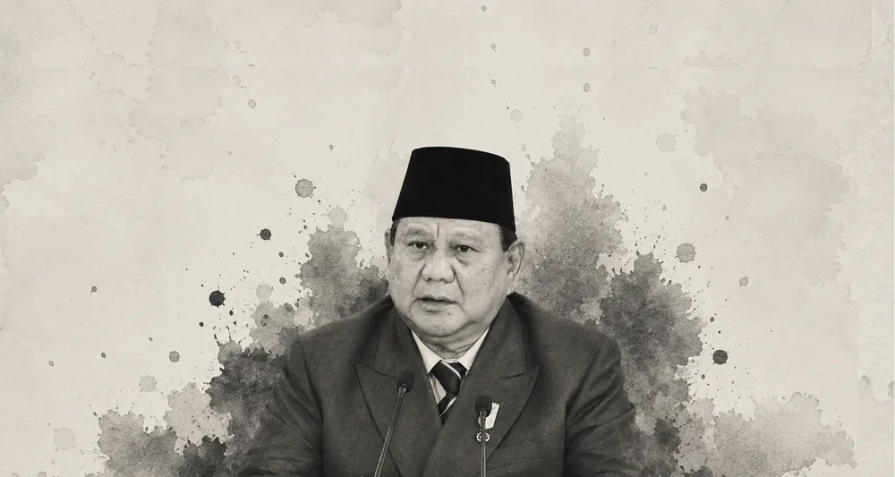Potret Prabowo Subianto dalam olahan monokrom bergaya arsip.