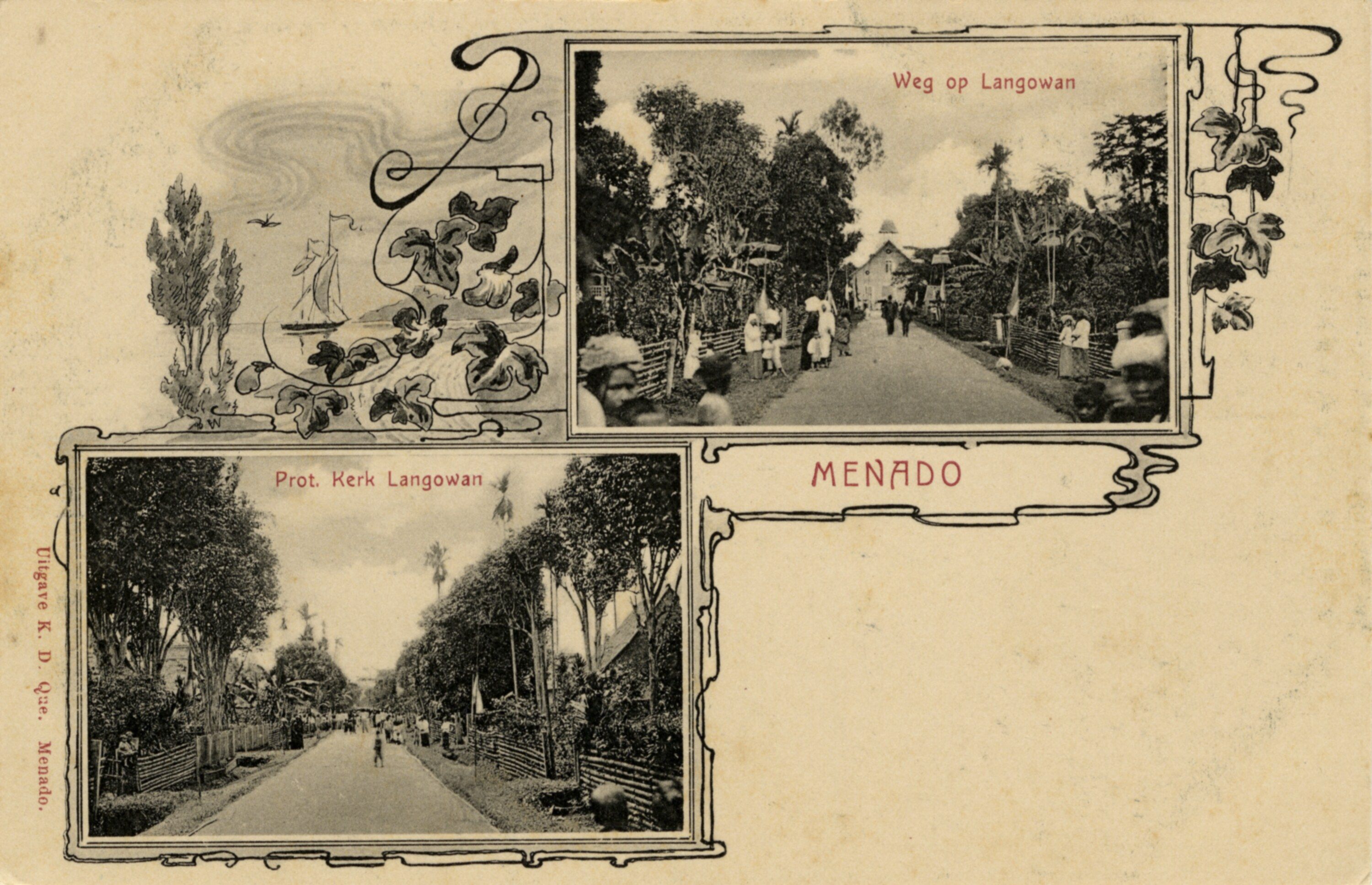 Jalan lebar berbatu di Langowan dengan gereja Protestan di kejauhan, foto sekitar tahun 1900.