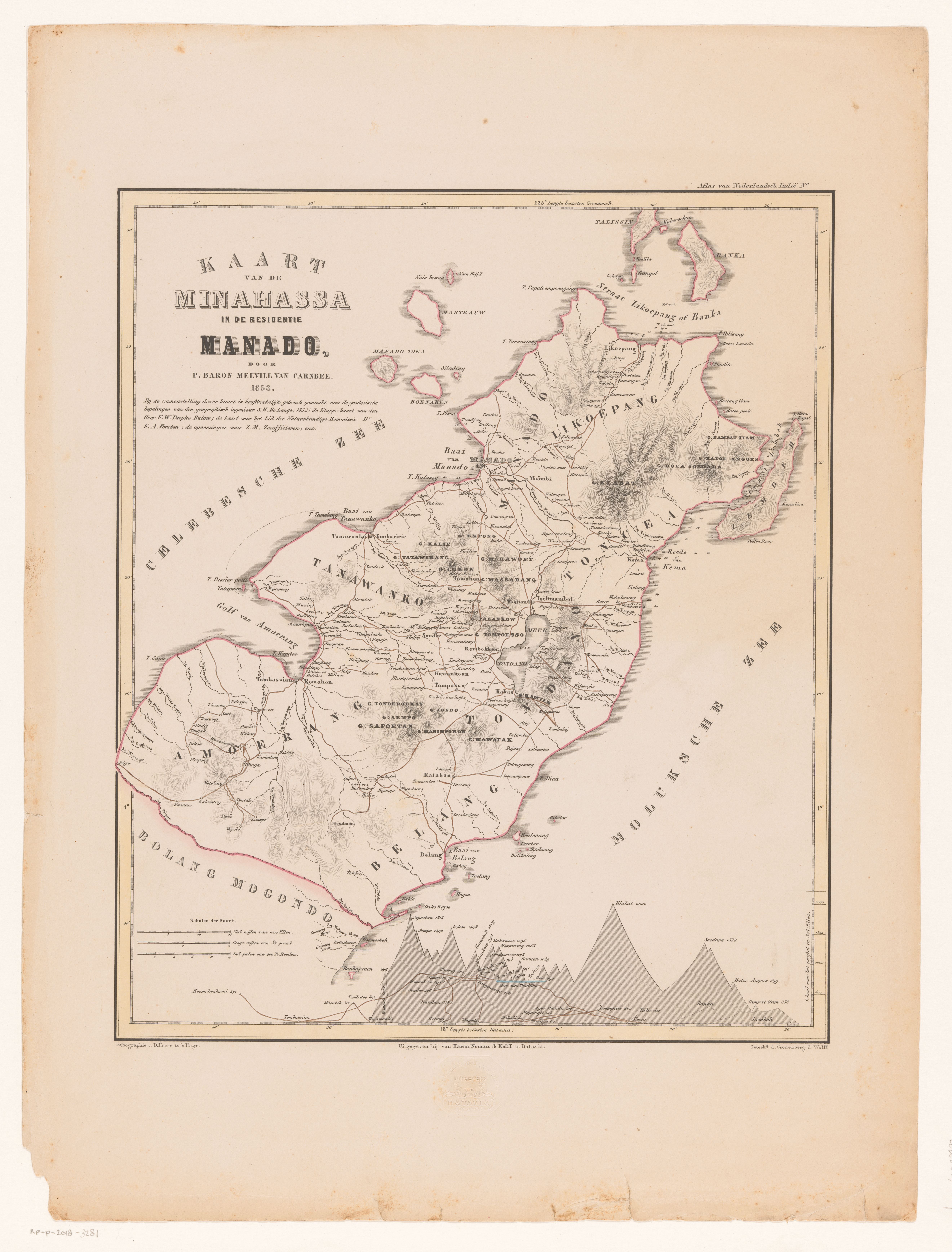 Peta Minahassa tahun 1853 memperlihatkan Menado, Tondano, dan Langowan.