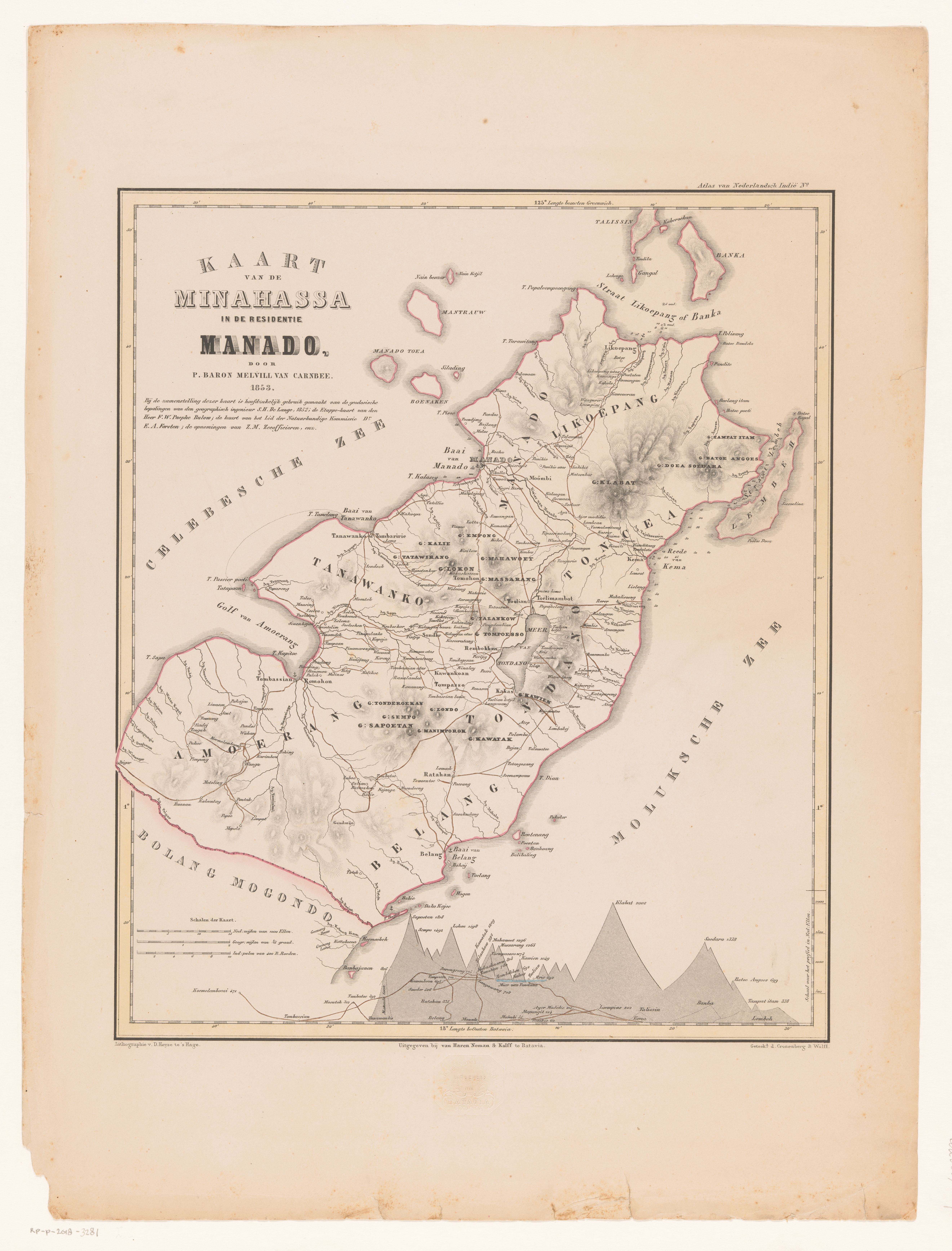 Peta Minahassa di Manado tahun 1853, memperlihatkan Menado, Tondano, Langowan, dan pesisir sekitarnya.