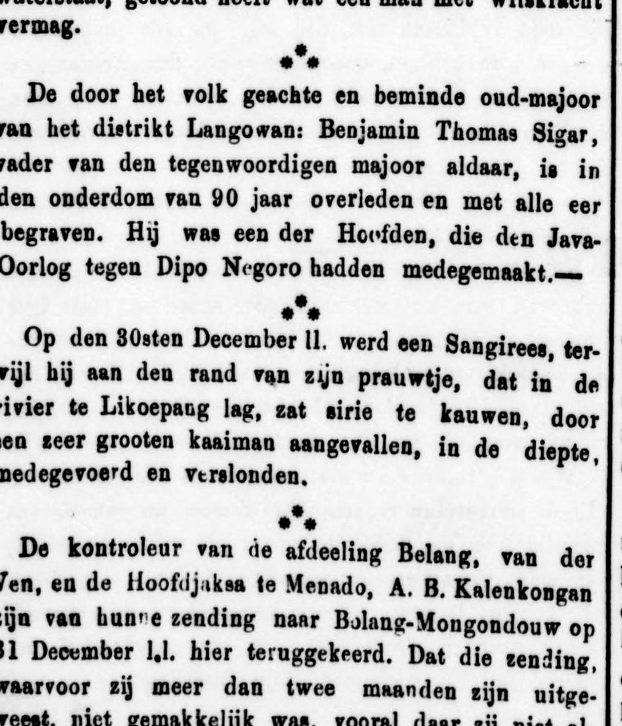 Potongan kolom koran Soerabaijasch Handelsblad edisi 2 Februari 1880 yang memuat berita kematian Benjamin Thomas Sigar.