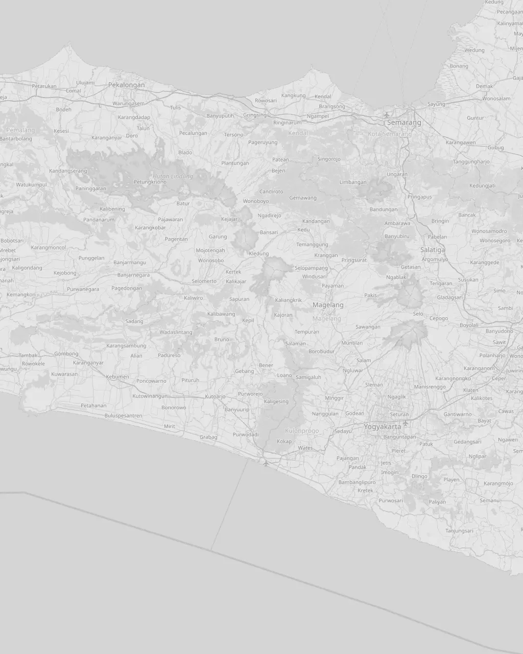 Peta Jawa Tengah yang memuat Semarang, Magelang, Yogyakarta, Wonosobo, dan Purworejo, dalam nada abu-abu.
