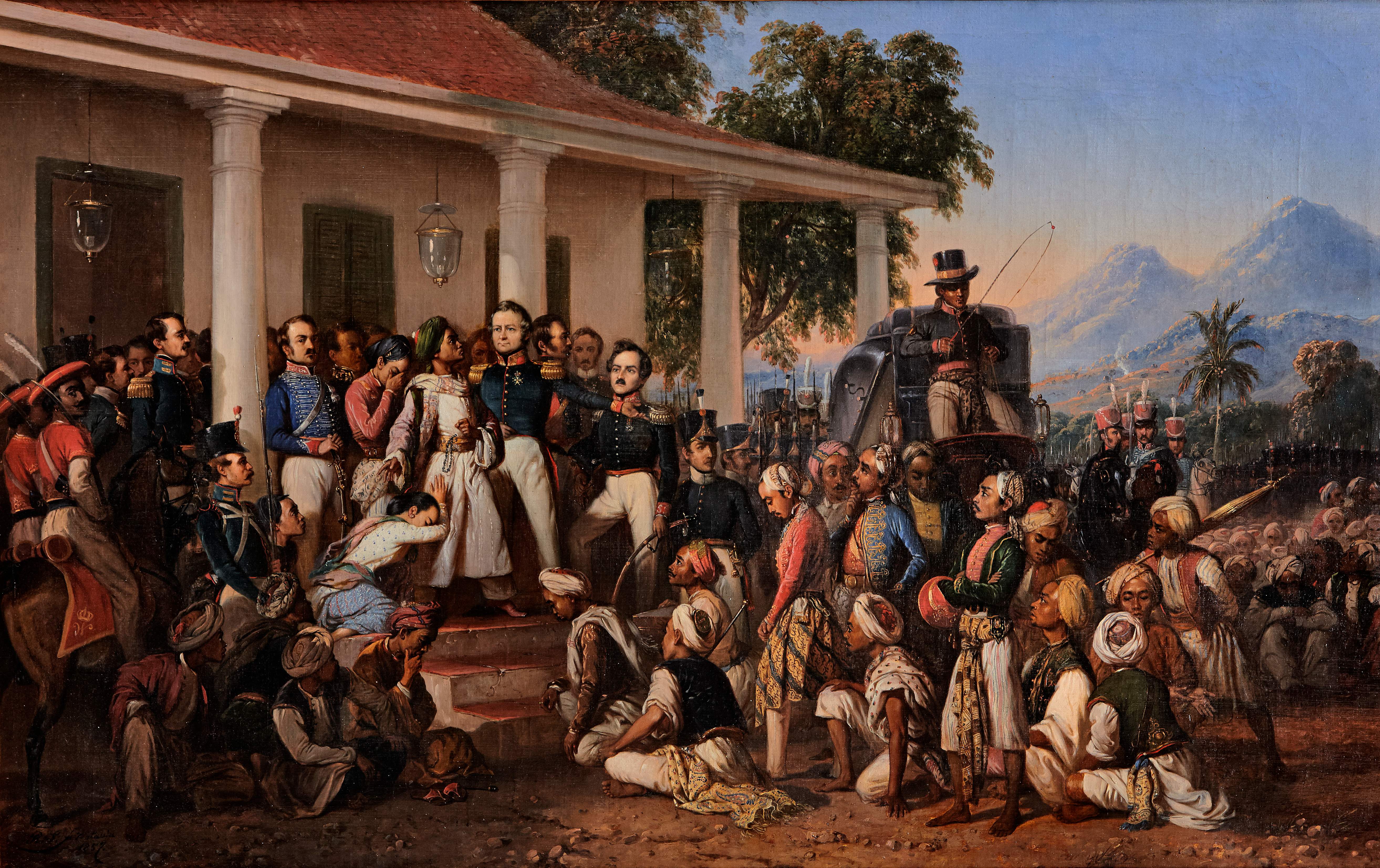 Lukisan Raden Saleh: Diponegoro berjubah putih berdiri di tangga rumah residen Magelang, dikelilingi perwira Belanda berseragam dan para pengikutnya yang duduk bersimpuh di tanah.
